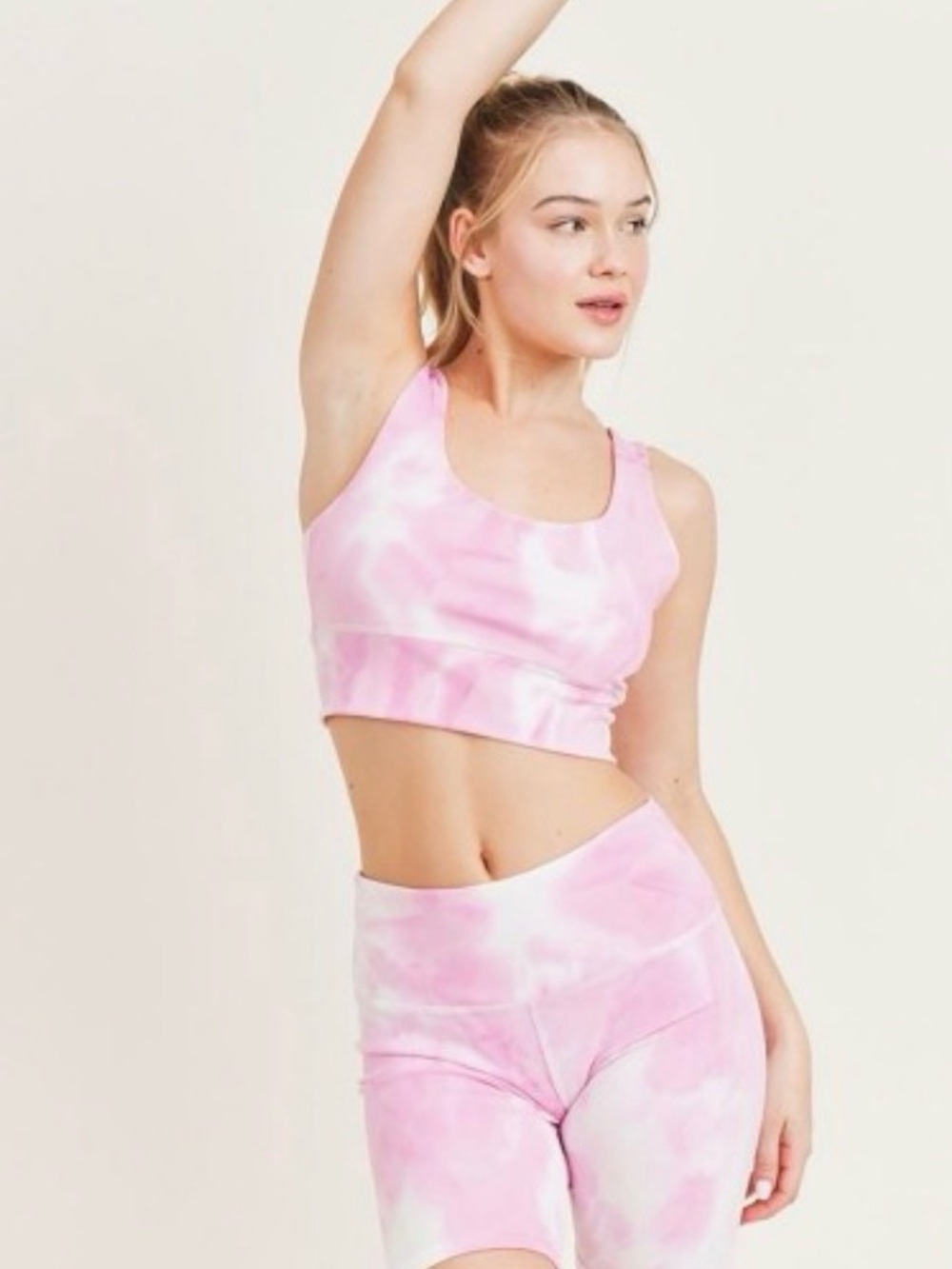 Matching Activewear Set of Biker Shorts and Crop Top Light Pink Tie Dye
